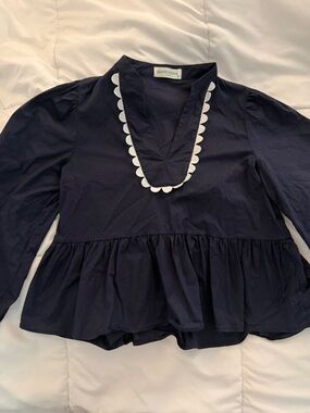 Pants Store Navy Peplum Blouse with White Scallop Trim
